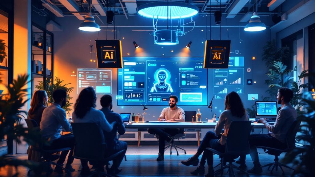 a futuristic product launch room where a team is celebrating after completing a build entirely with the help of their custom ai assistant