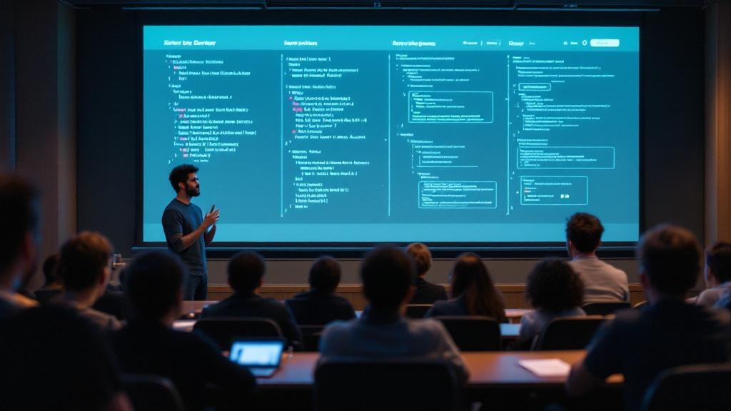 a tech talk or workshop presentation in a university lecture hall