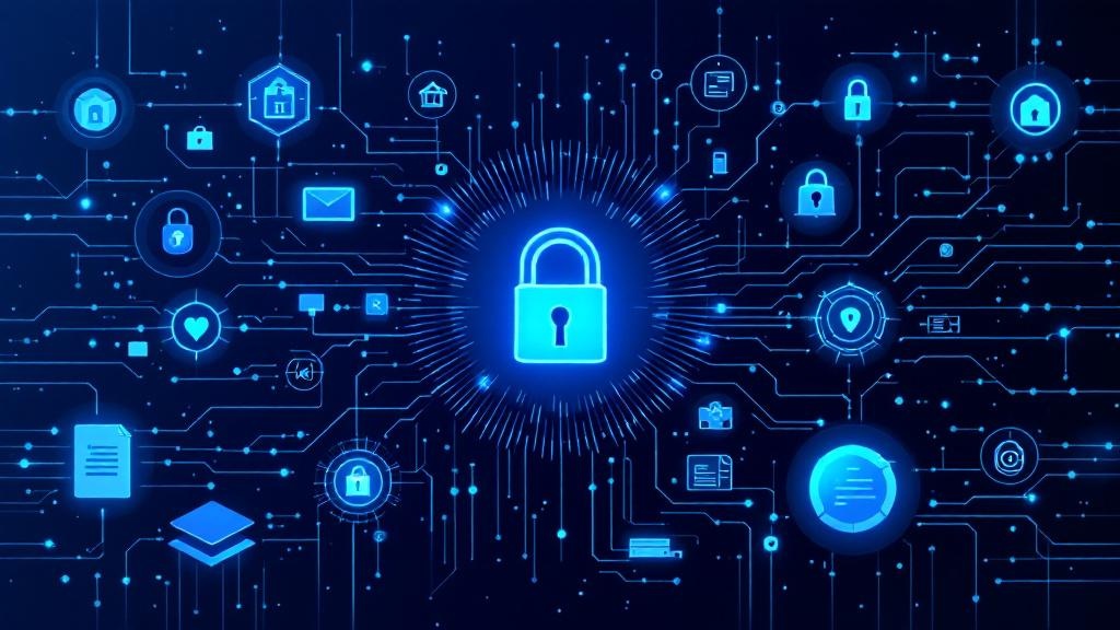 a secure ai environment visual with digital locks, encrypted data flows