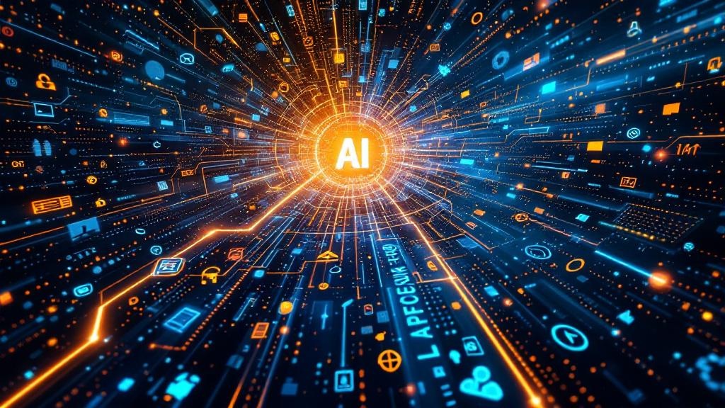 a chaotic digital landscape cluttered with scattered ai tools and icons