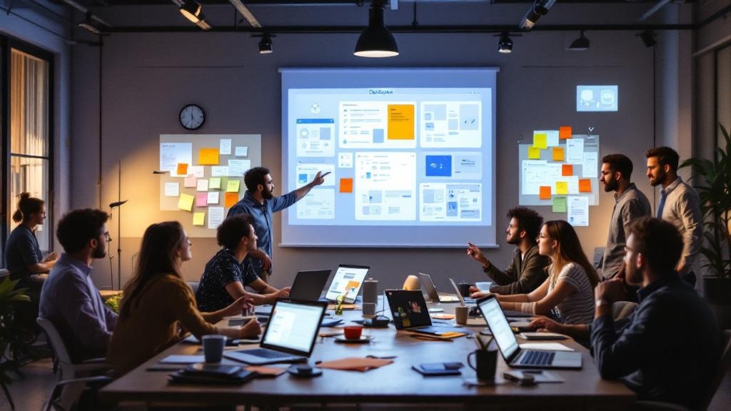 a design sprint room with a team of engineers and designers brainstorming around sticky notes and laptops