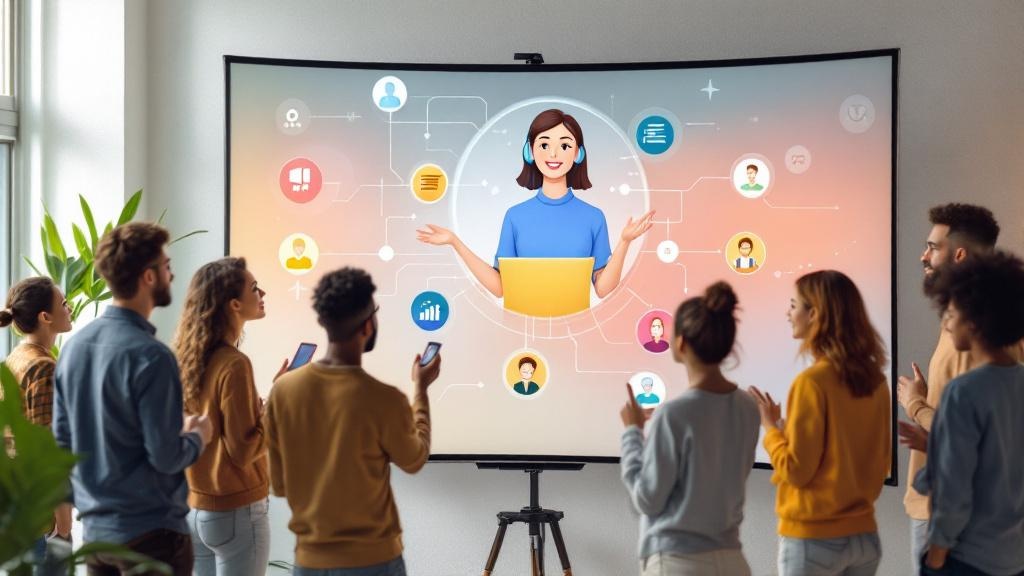 a diverse startup team standing around a digital whiteboard or large curved screen where multiple ai avatars or icons are assisting different workflows