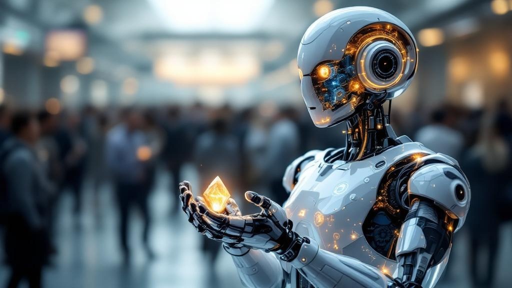 a semi-transparent ai robot holding a glowing decision crystal