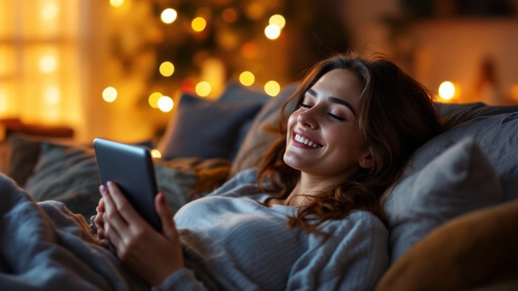 a person lying on a couch after a long day, relaxed and smiling as they finish a session with their ai journaling companion on a tablet