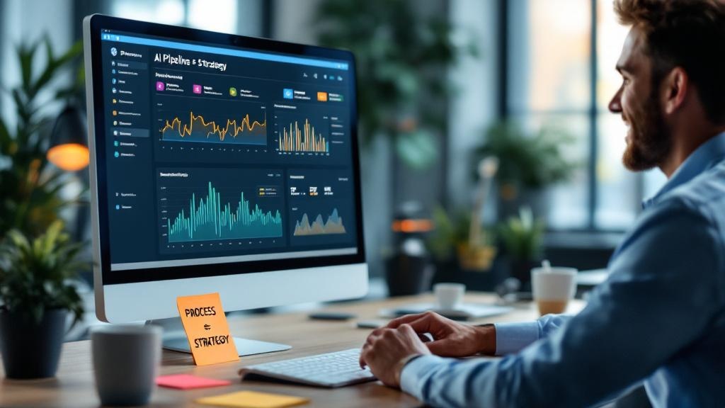 a clear, modern digital workspace with a well-labeled ai pipeline interface on screen
