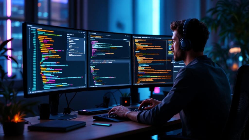 a side-by-side developer and ai co-coding session on a multi-monitor setup