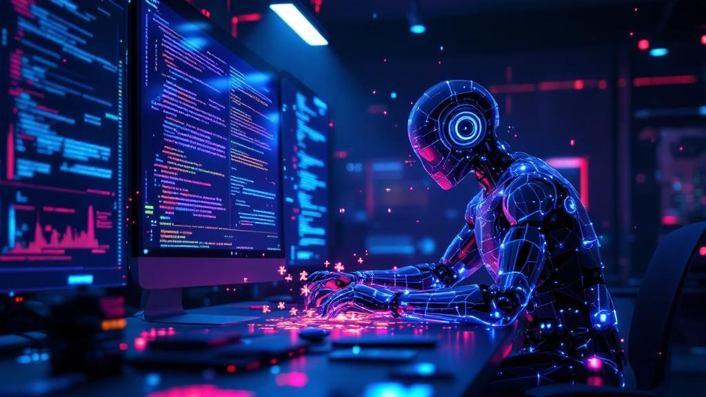 a digital workshop where an ai hologram assists a human engineer in debugging glowing lines of 3d code