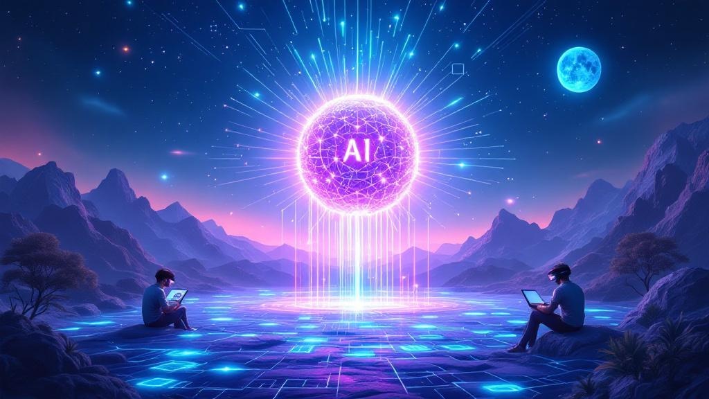 a glowing futuristic ai core floating above a digital landscape