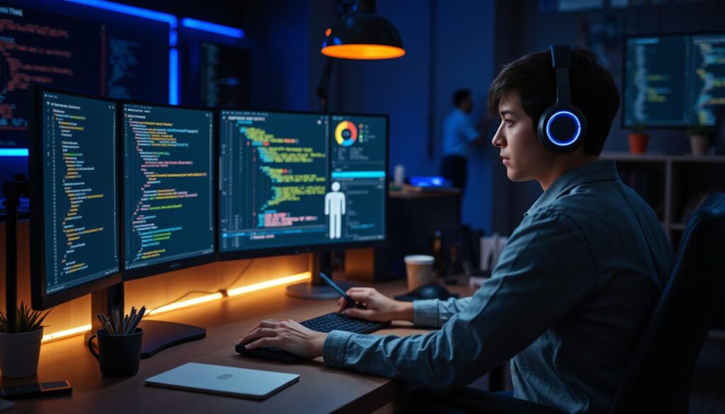 “A developer at a workstation reviewing perfectly structured code on a large curved monitor