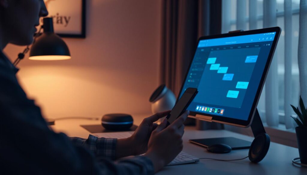 A person speaking to a compact AI voice assistant on their desk while multiple connected device