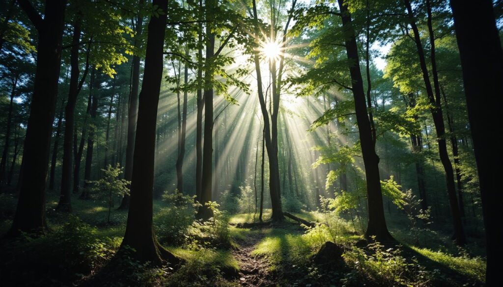 A lush green forest with sunlight filtering through trees, overlaid with subtle glowing network lines representing AI connections