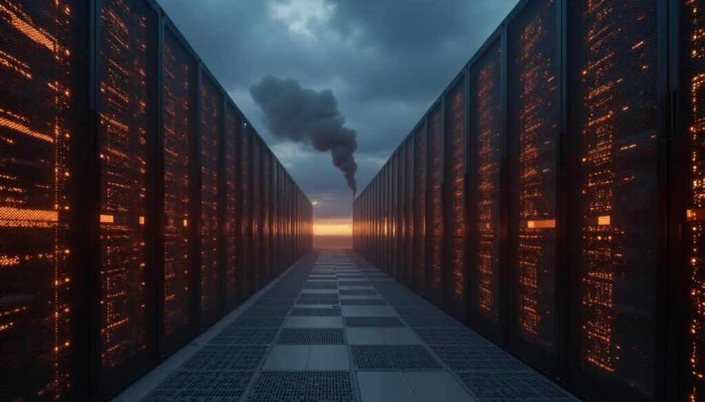 A large data center with rows of glowing servers emitting heat