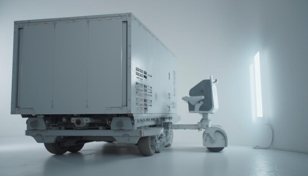 A large heavy machine gradually transforming into a sleek, compact device emitting soft light