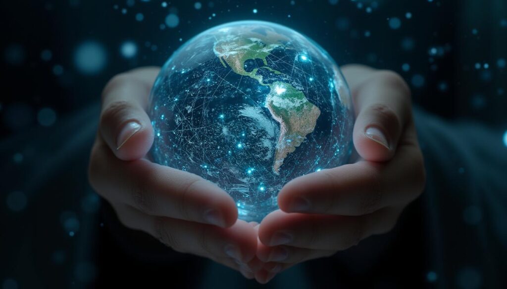 Hands holding a glowing Earth surrounded by digital circuits softly illuminating a dark background