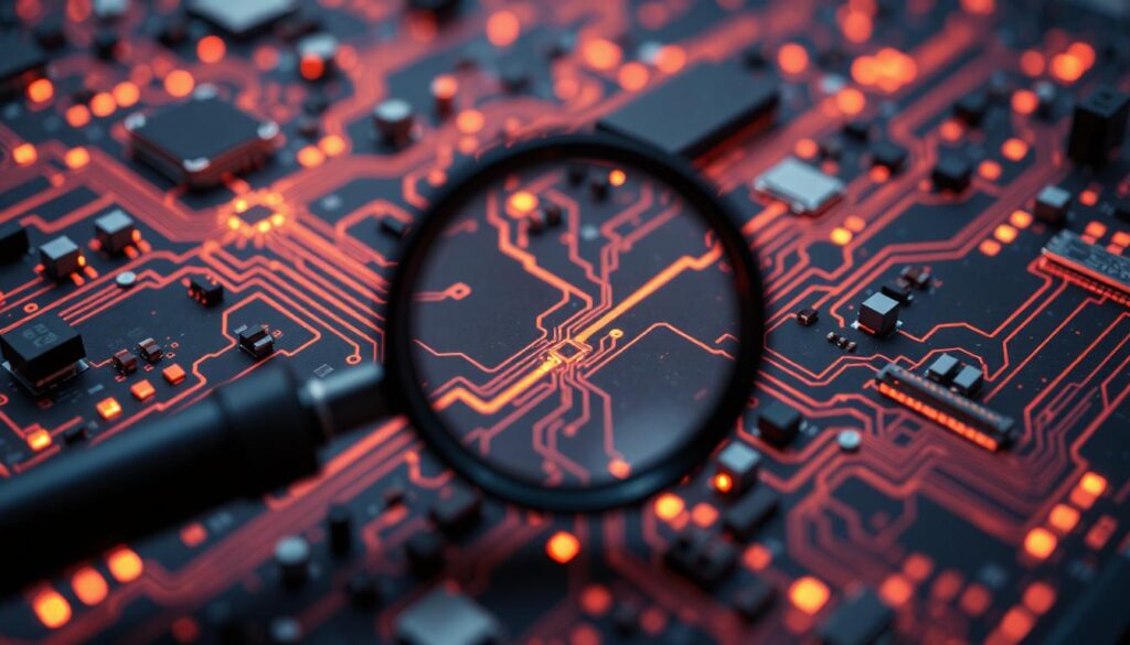 Close-up macro shot of a glowing neural network circuit board, with one hidden golden pathway becoming exposed under a magnifying glass