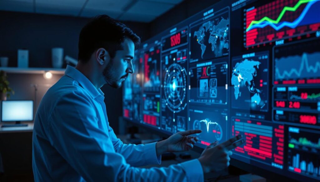A researcher in a modern AI lab examining holographic model outputs