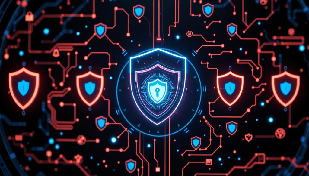 A layered digital defense wall made of translucent glowing shields protecting a central AI core
