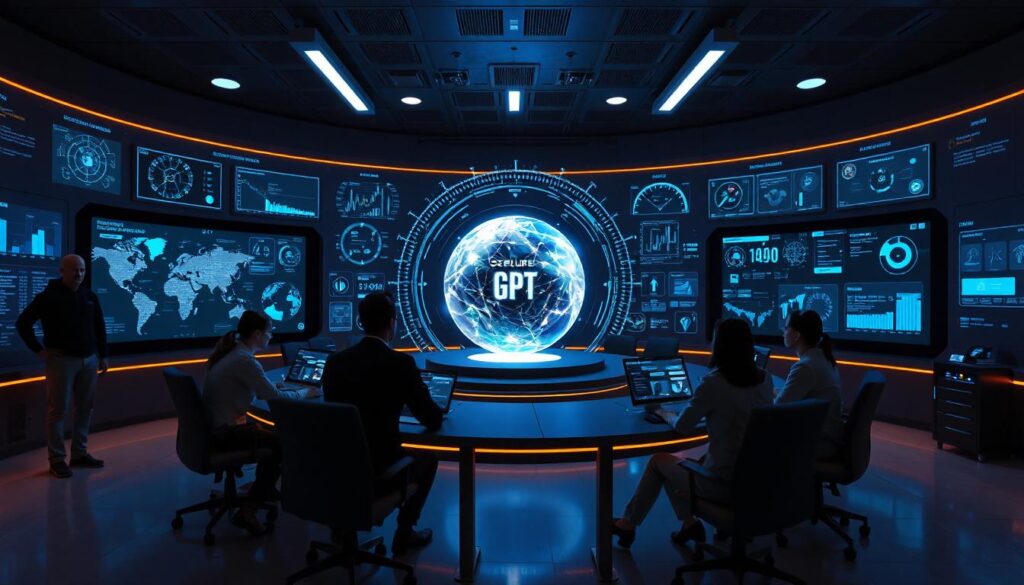 A futuristic AI control center with holographic dashboards and a central crystal sphere representing secure GPT logic