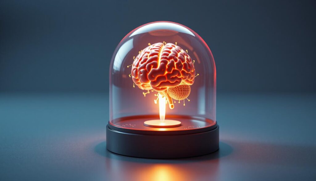 A symbolic image of a shining AI brain encased in a transparent protective dome