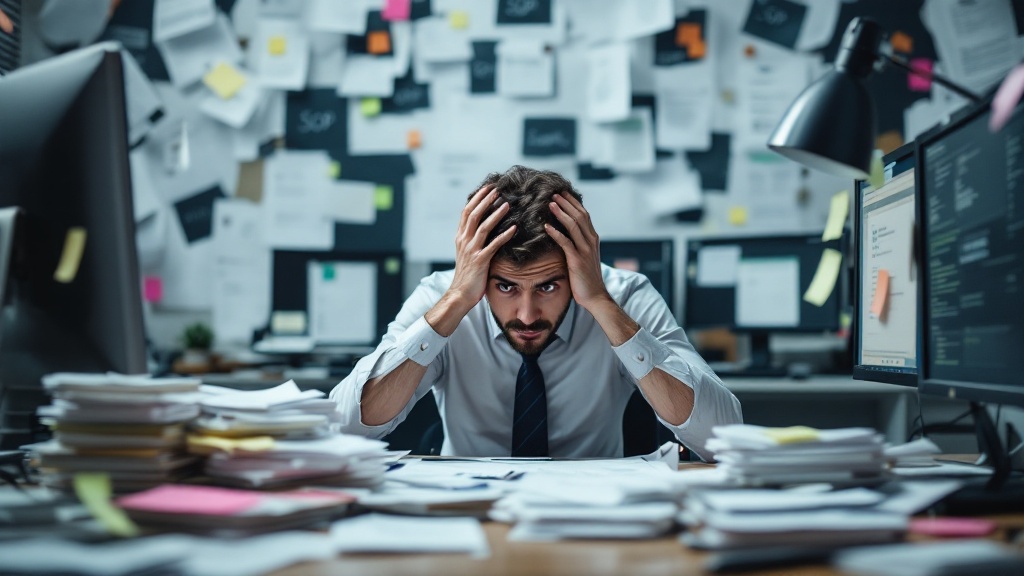 an office worker getting overwhelmed by stacks of SOP documents