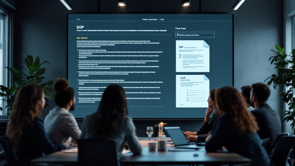 a team of professionals viewing a finalized SOP on a large screen