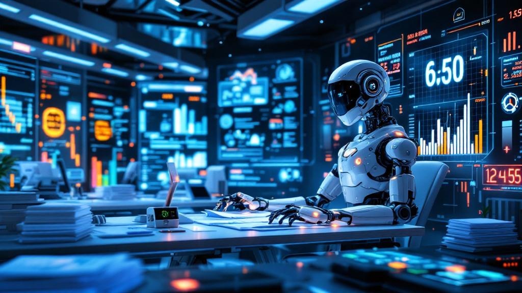 a futuristic office environment where robotic systems