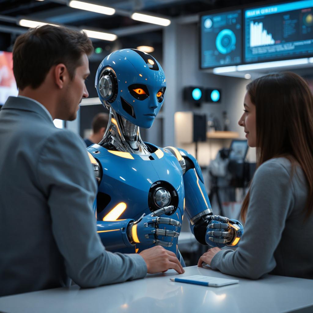 A blue robot doing customer service